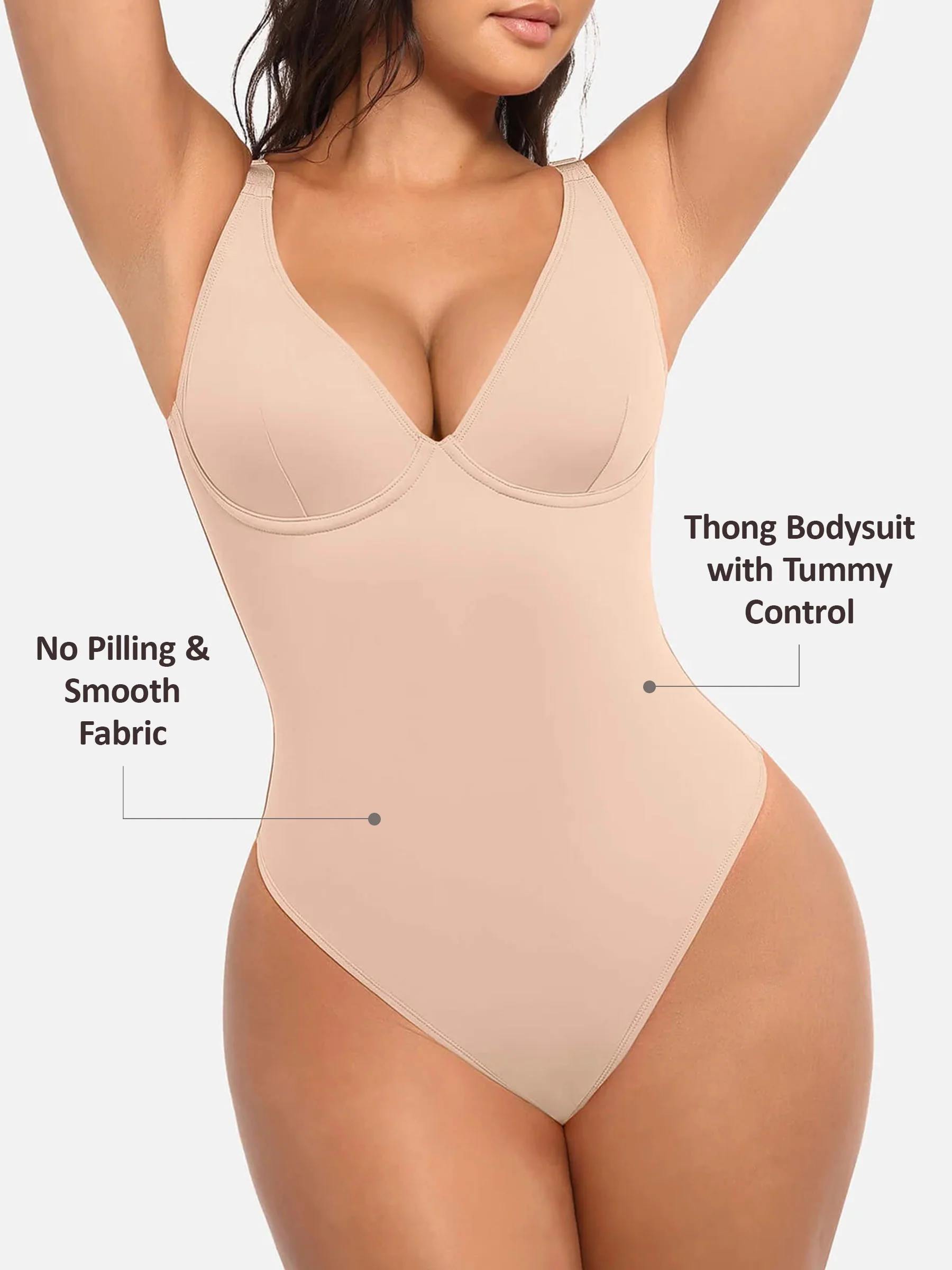 Feelingirl V Neck Tummy Control Thong Shapewear - Image 24